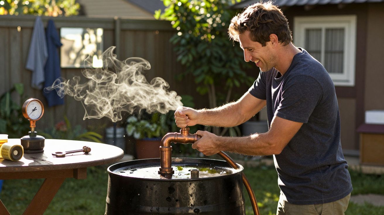 Hombre sonriente manipulando un barril con vapor en un jardín.