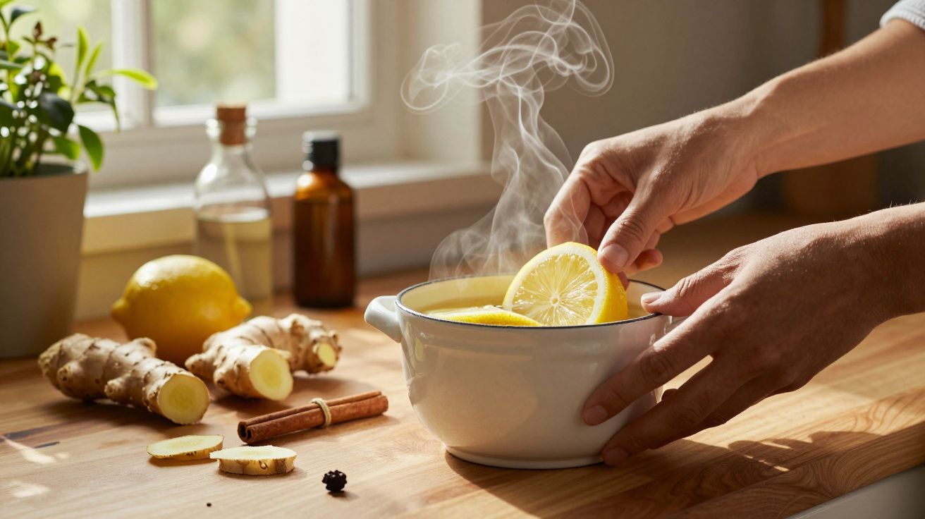Manos colocando limón en un cuenco humeante con jengibre y especias en una cocina iluminada por el sol.