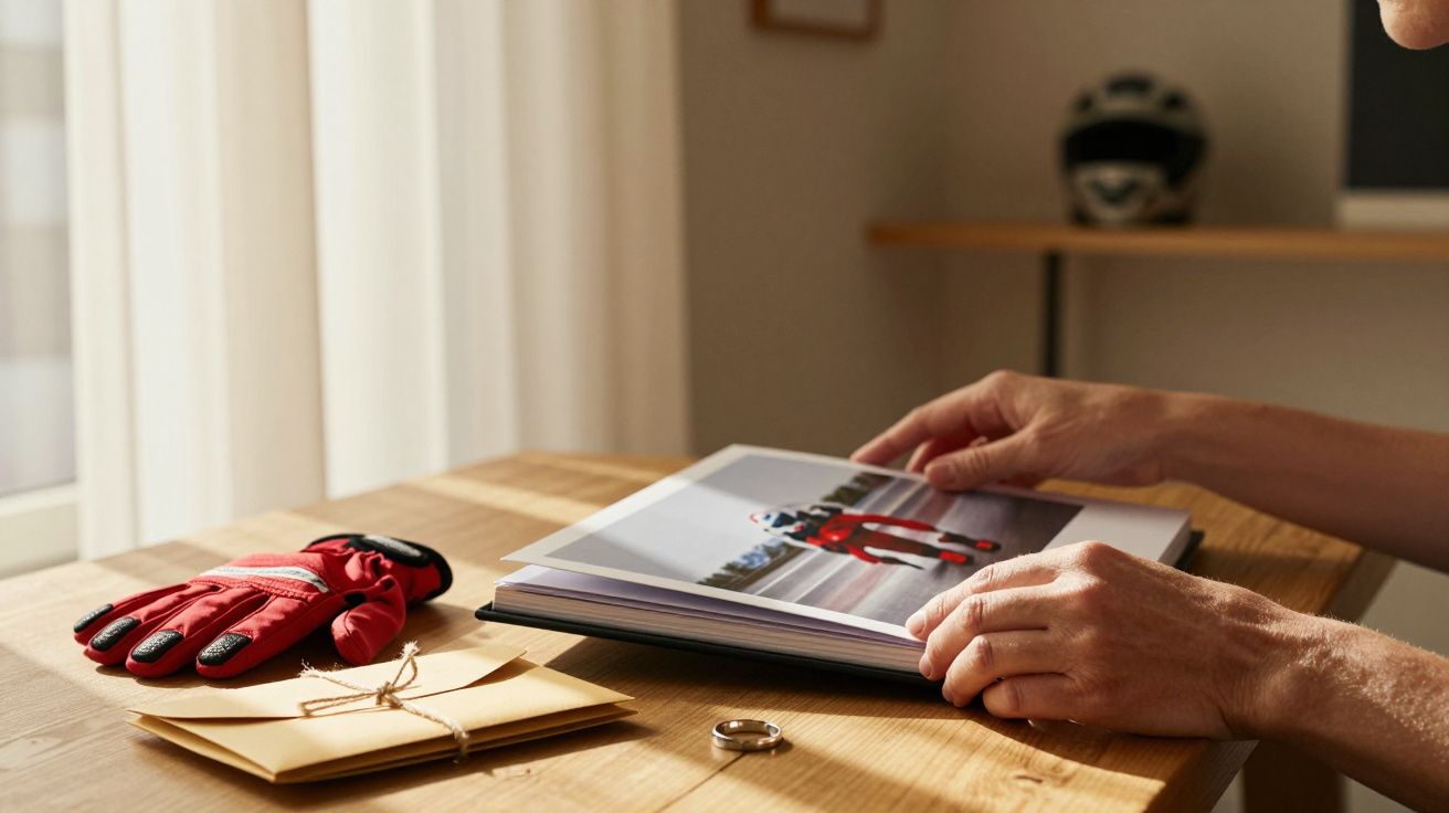 Persona mirando un álbum de fotos sobre una mesa con guantes rojos, un anillo y un sobre; casco de moto al fondo.