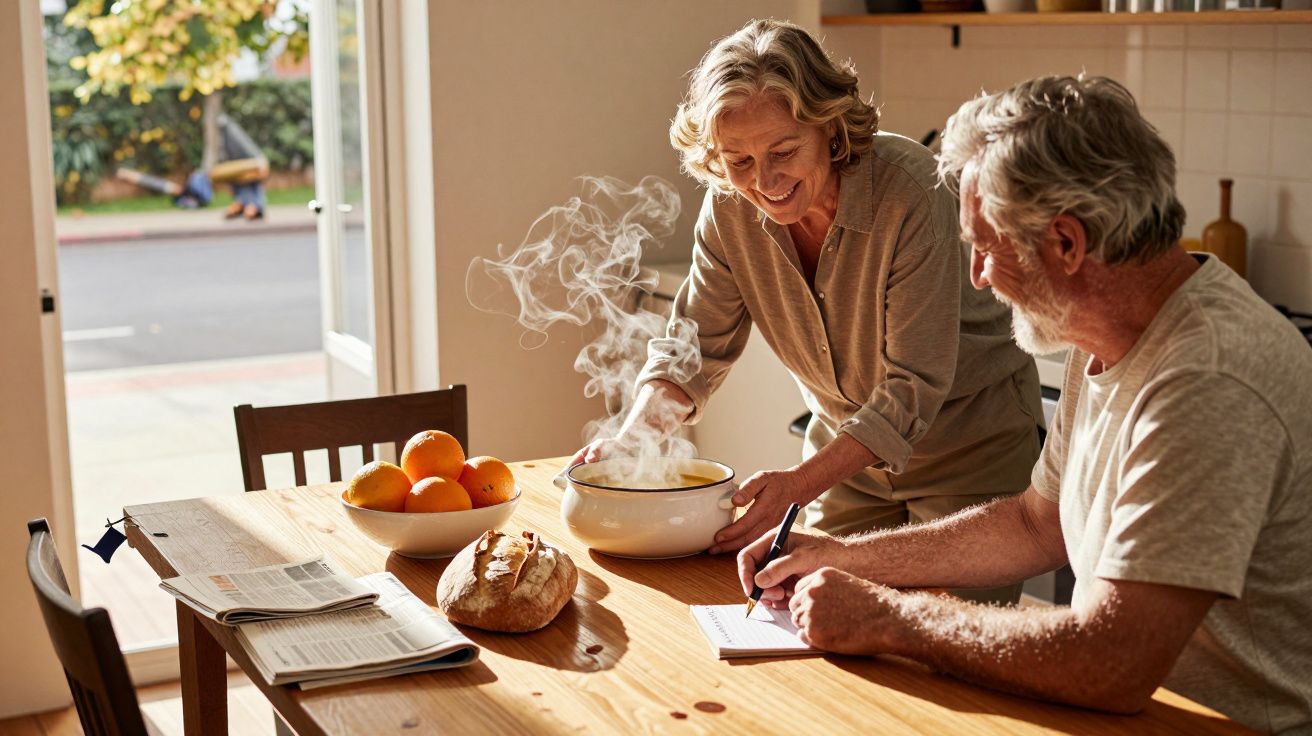 Pareja de ancianos en la cocina, él escribe y ella sirve una olla humeante en la mesa con pan y frutas.