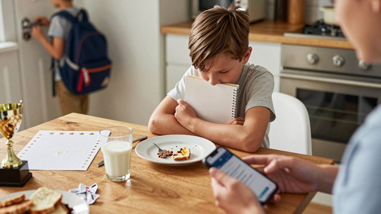 Niño en la cocina, abrazando un cuaderno, con el desayuno en la mesa; adulto revisa móvil. Otro niño lleva mochila.