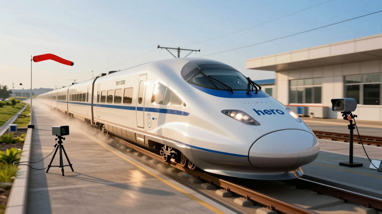 Tren de alta velocidad en movimiento en una estación moderna, con cámaras y manga de viento al fondo.