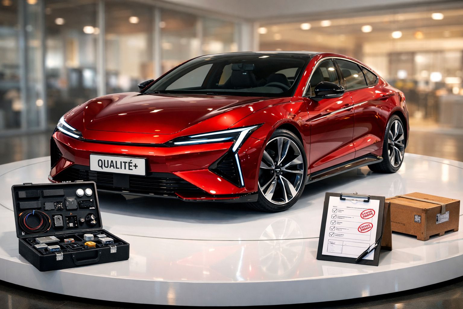 Coche deportivo plateado en un garaje con caja de herramientas abierta y manual de mantenimiento en primer plano.