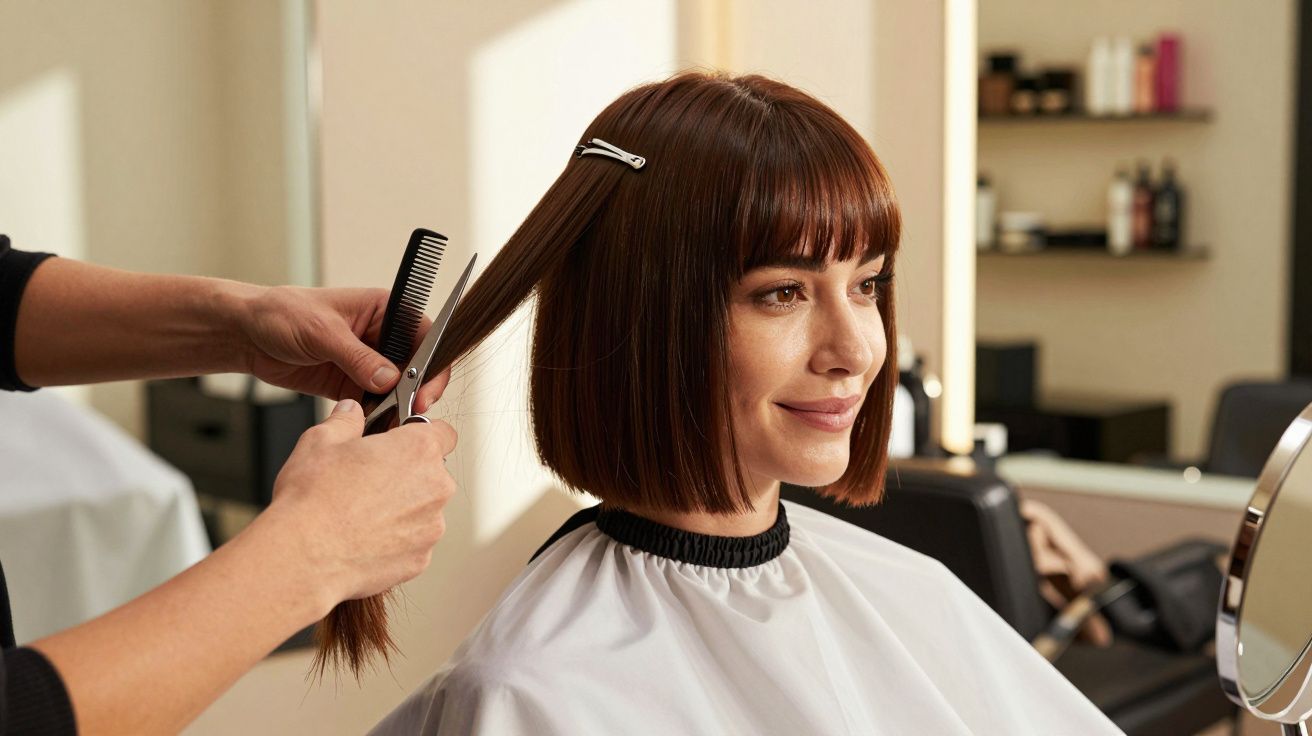 Mujer sonriente con cabello castaño, recibiendo un corte de pelo en una peluquería.
