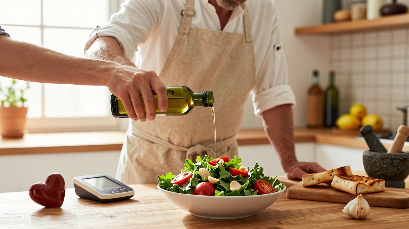 Persona en una cocina vertiendo aceite de oliva sobre una ensalada fresca en un bol, con utensilios alrededor.