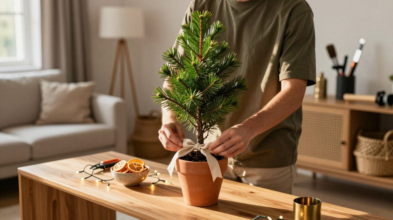 Persona decorando un pequeño árbol de Navidad en una maceta sobre una mesa de madera en una sala iluminada.