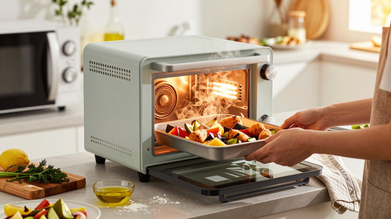 Persona colocando bandeja con verduras y pollo en horno de encimera en cocina iluminada.