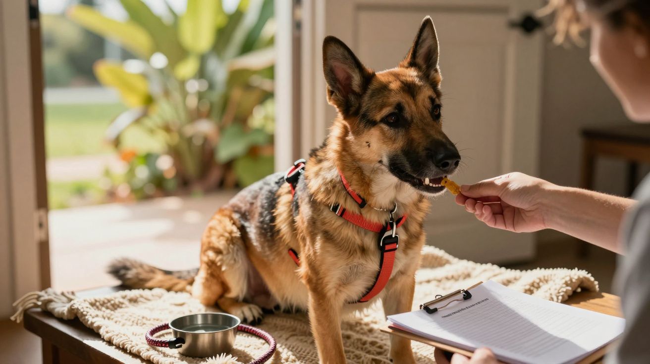 Perro pastor alemán con arnés rojo recibe un premio mientras está sentado en una manta. Persona con cuaderno observa.