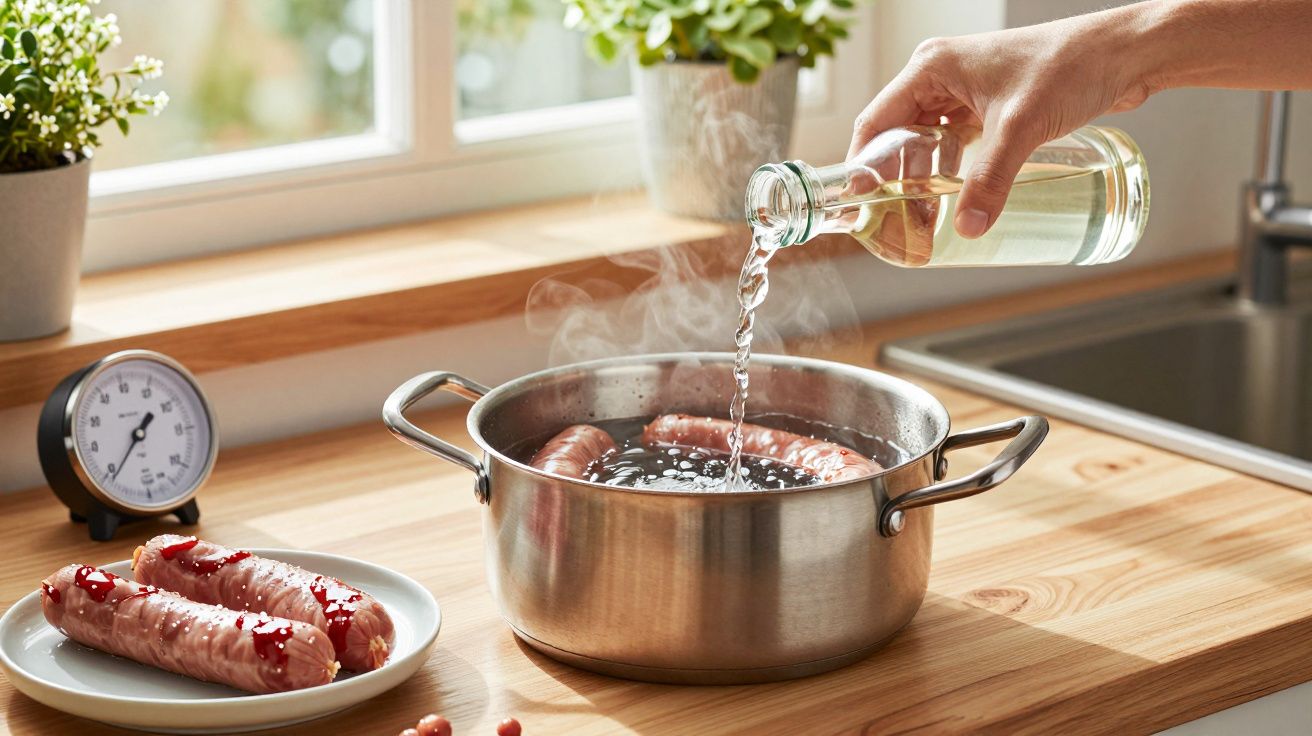 Mano vertiendo agua en una olla con salchichas en la cocina. Un reloj de cocina y salchichas crudas al fondo.