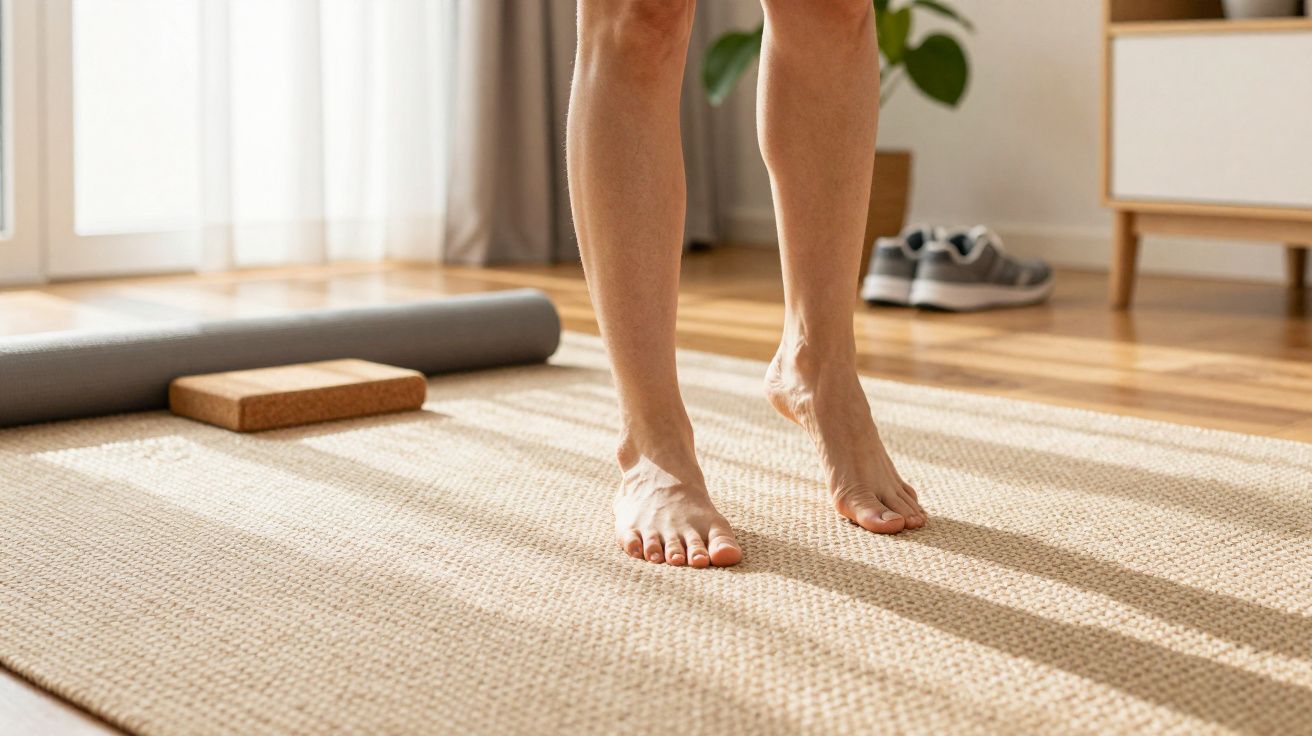 Persona descalza en una alfombra de yoga en casa, con esterilla y bloque de yoga al fondo.