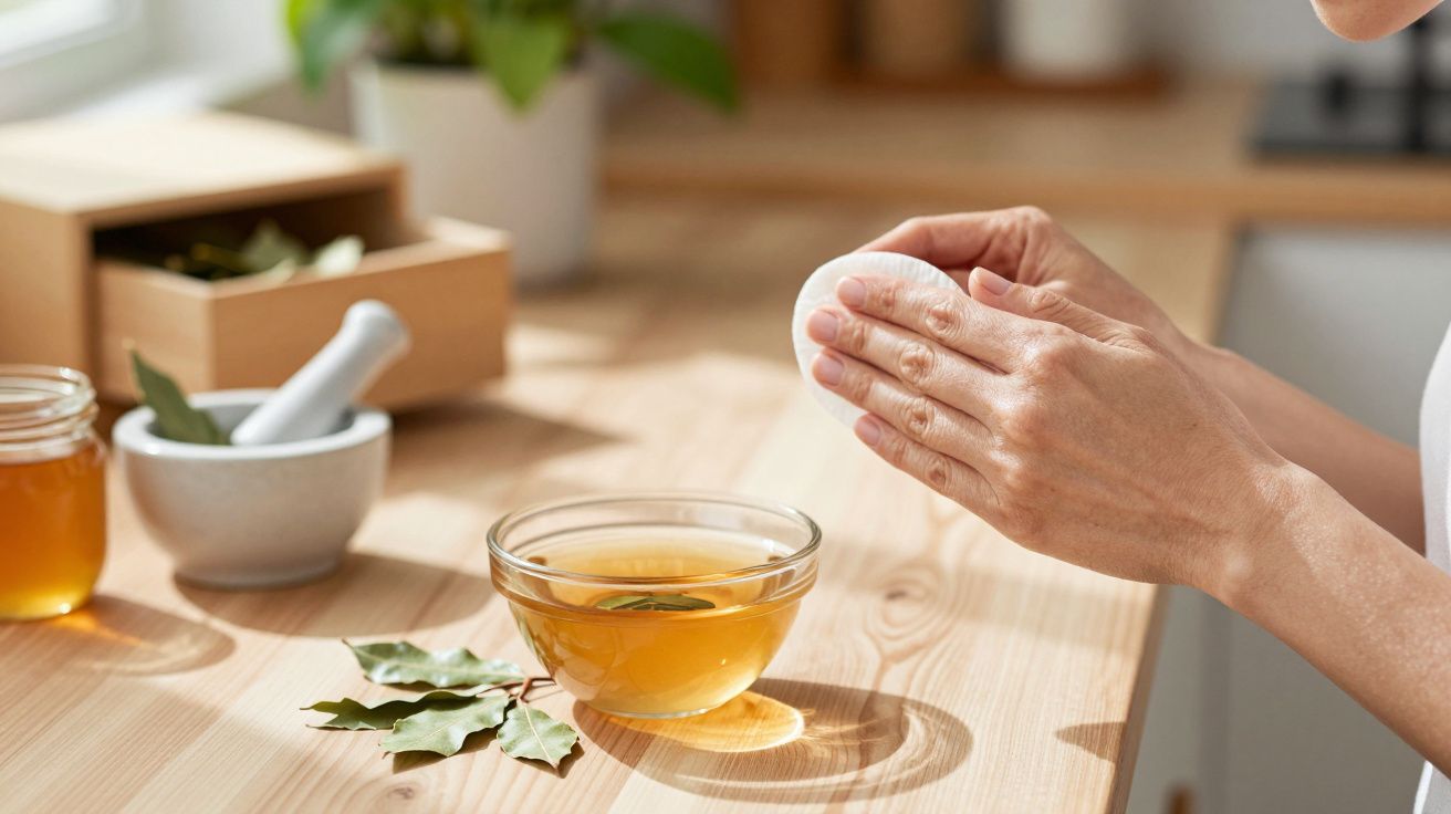 Manos preparando una infusión de hierbas en un cuenco en una mesa de madera, rodeado de hojas y tarros.