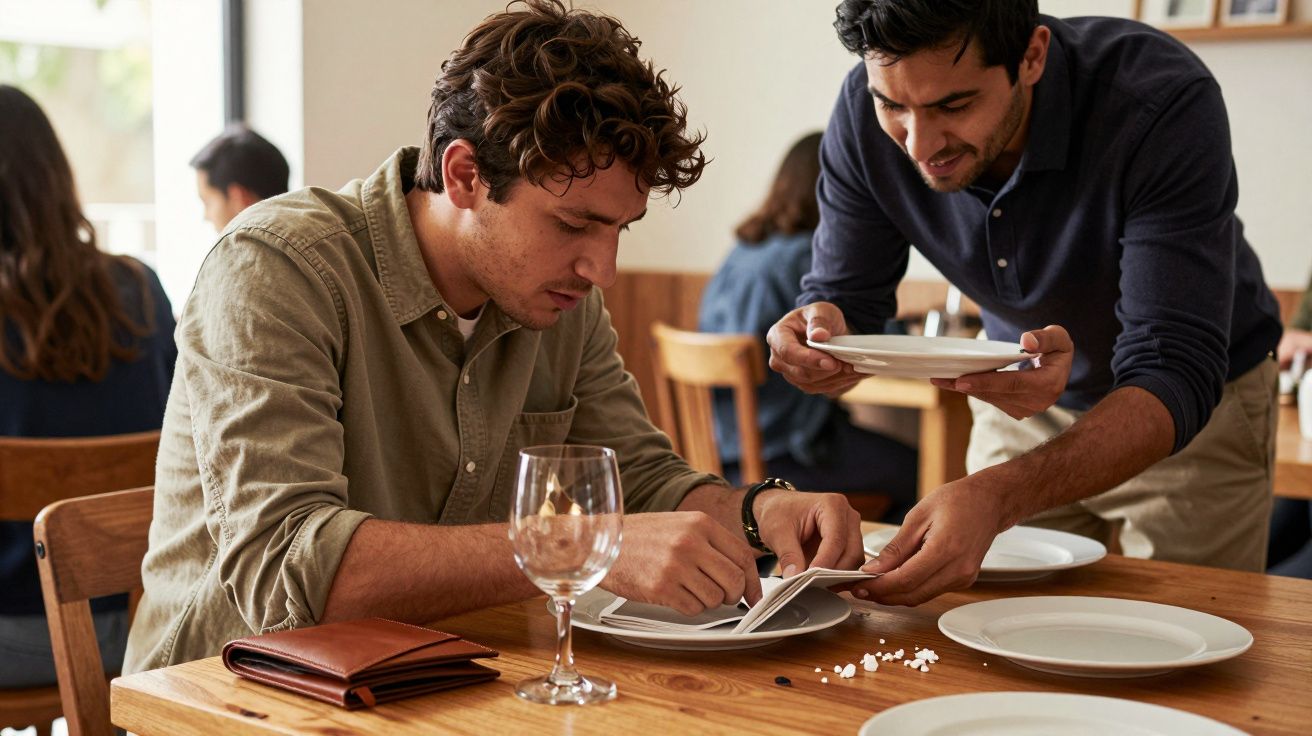 Hombre recibiendo comida servida por un camarero en un restaurante, con un vaso de agua y una cartera sobre la mesa.