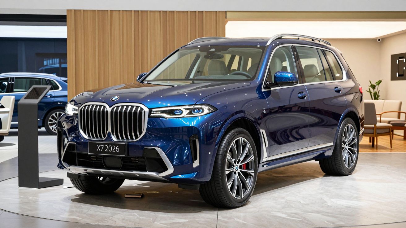 SUV BMW X7 2026 azul metalizado, expuesto en un salón moderno con suelo de mármol y paredes de madera.