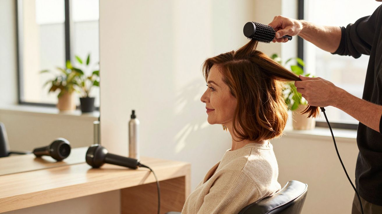 Persona recibiendo peinado profesional en un salón, con cepillo redondo y secador de cabello sobre una mesa de madera.