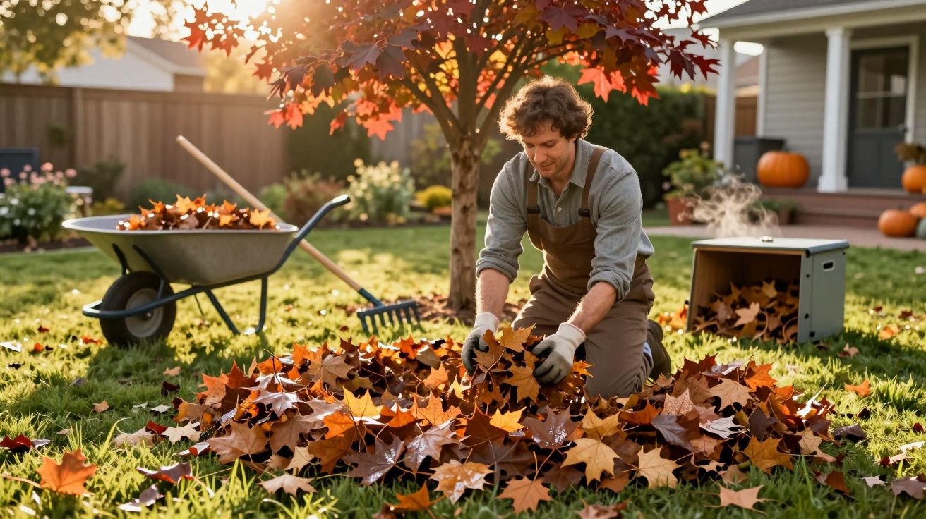 Hombre recogiendo hojas de otoño en el jardín, junto a un árbol y una carretilla bajo la luz del sol.