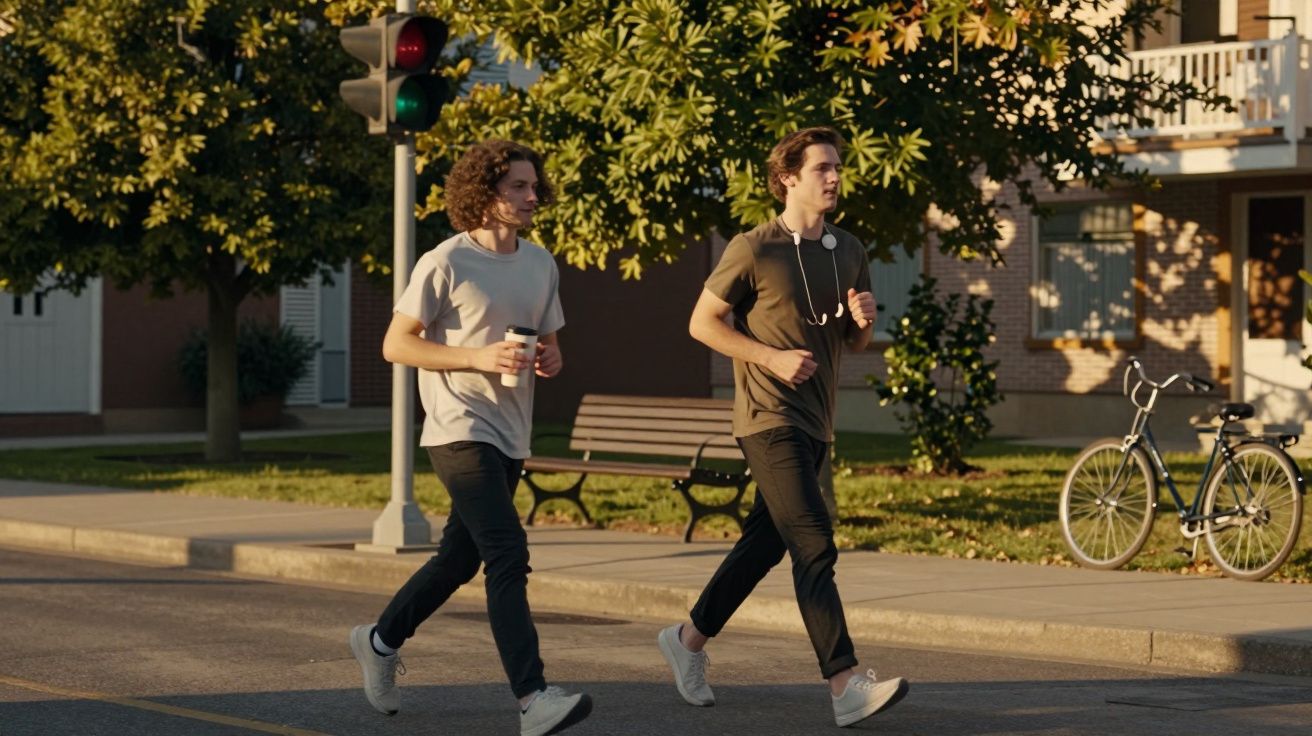 Dos personas caminando con bebidas en una calle soleada junto a un banco y una bicicleta estacionada.