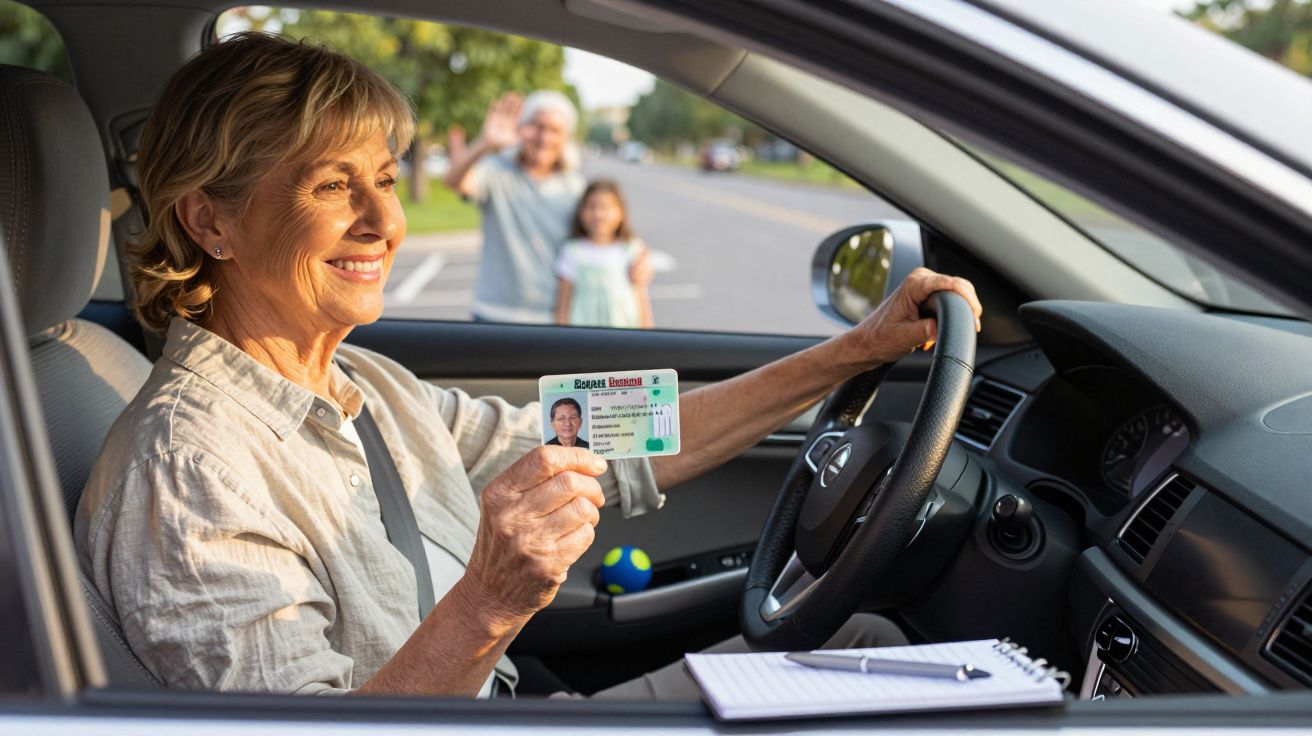 Mujer mayor sonriente mostrando una licencia de conducir dentro de un coche, fondo con personas saludando en la acera.