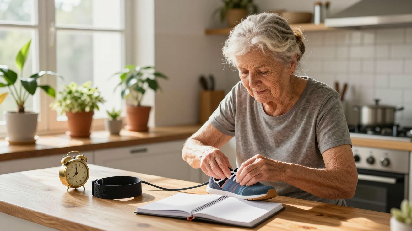 Mujer mayor prepara un tensiómetro en una cocina luminosa con plantas y un reloj sobre la mesa de madera.