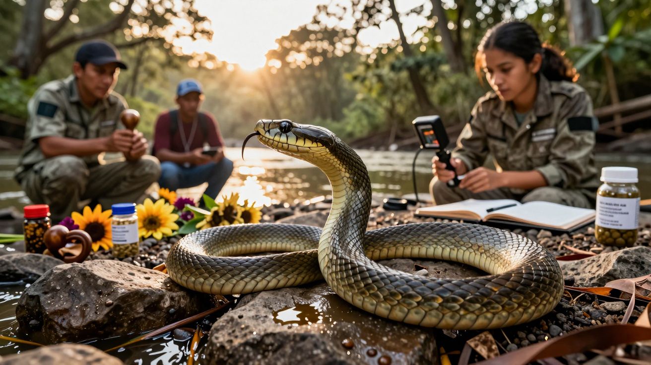 Serpiente sobre piedras junto a científicos tomando notas y muestras en la orilla de un río.