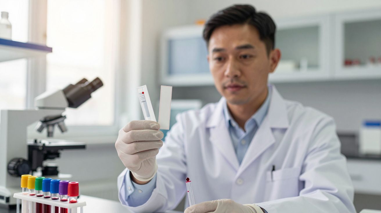 Un científico en laboratorio sosteniendo una muestra de sangre mientras observa portaobjetos.