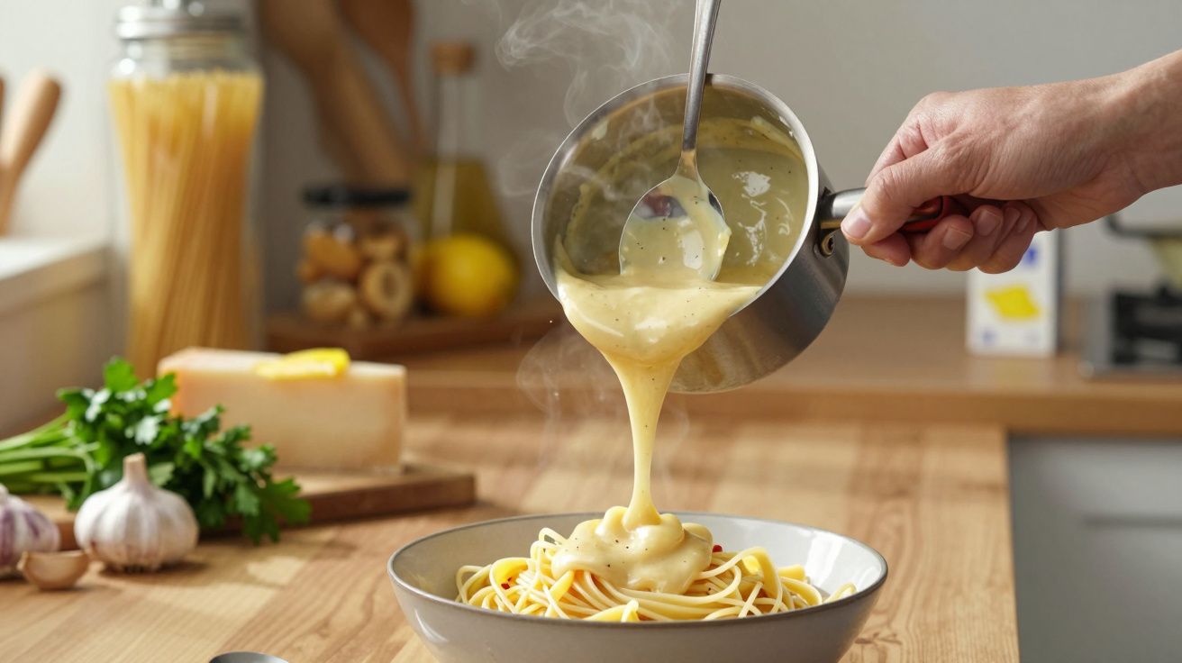 Mano vertiendo salsa cremosa sobre espaguetis en un tazón en una cocina con ingredientes en la encimera.