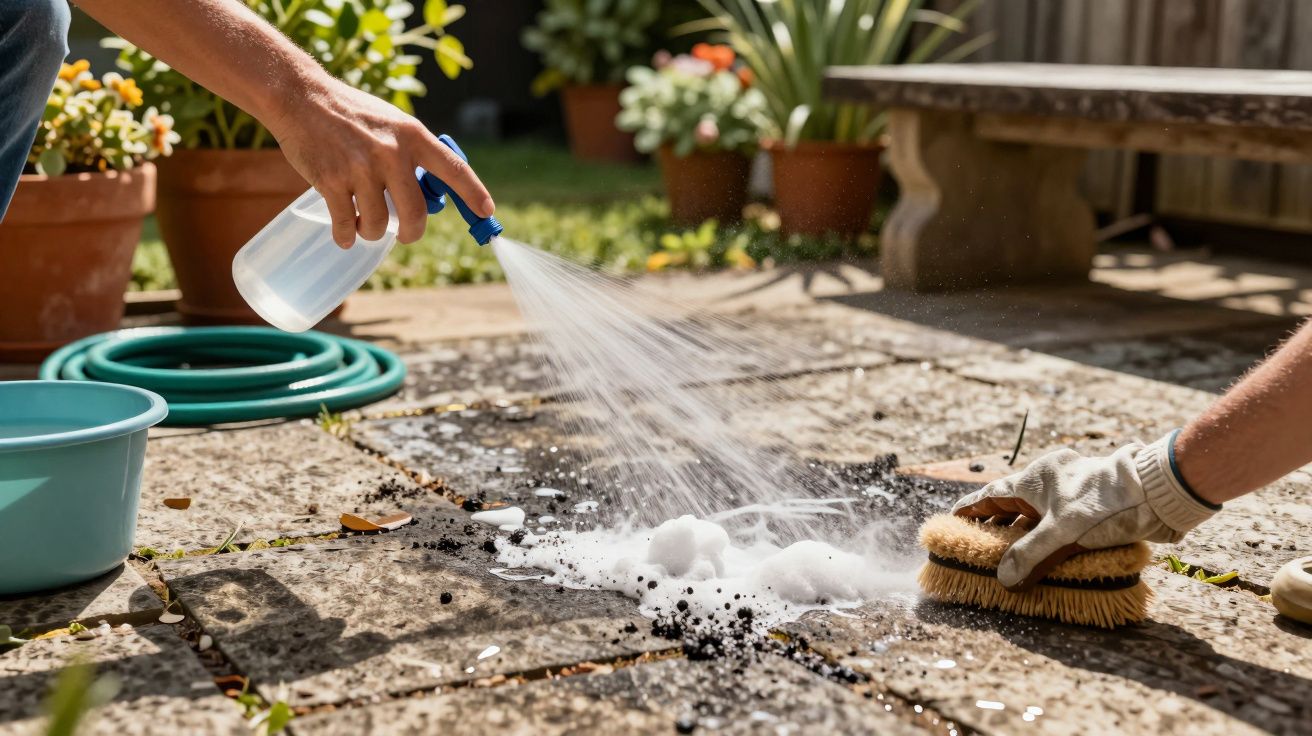 Manos limpiando suelo de piedra con cepillo y spray, rodeadas de plantas en macetas.