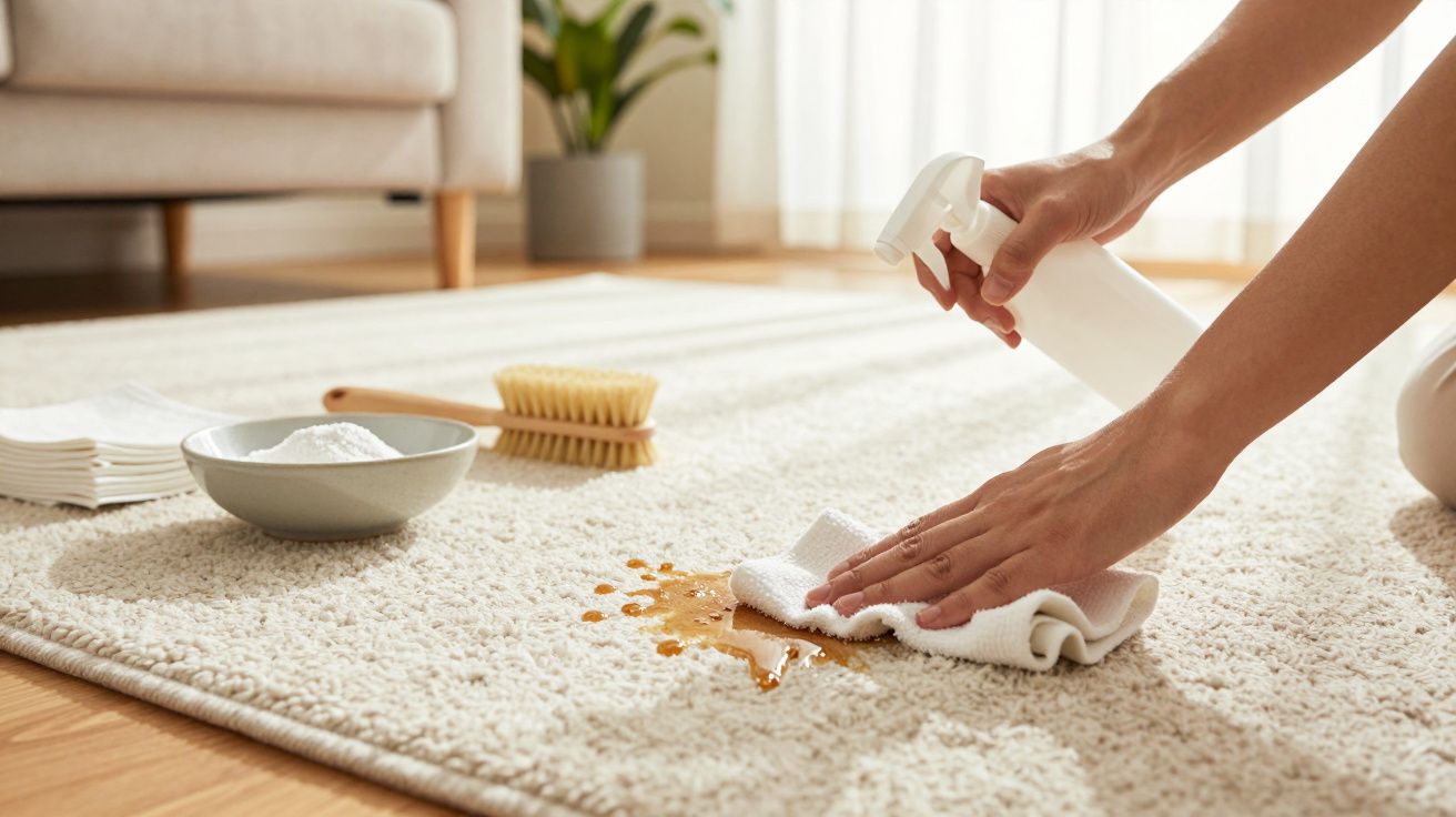 Manos limpiando una mancha en una alfombra beige con spray y trapo, cepillo y tazón cerca.