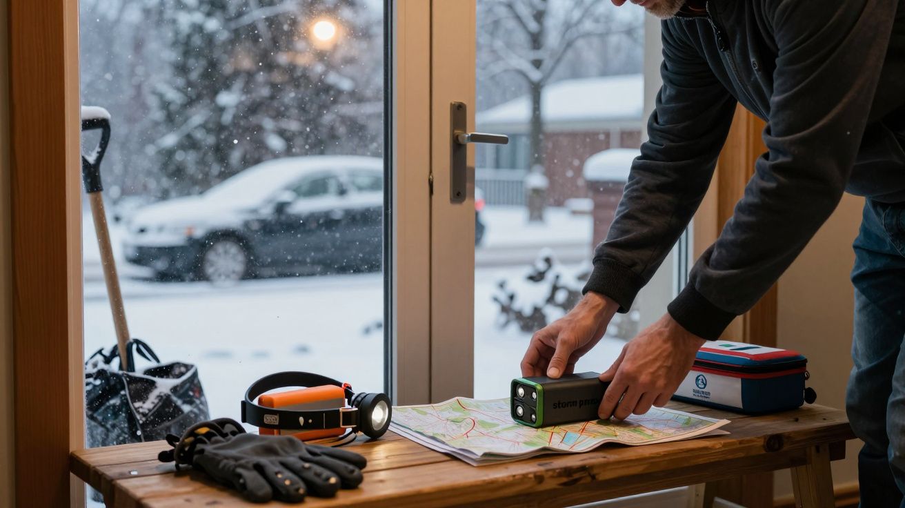 Hombre prepara equipo de emergencia en mesa junto a ventana, afuera nieva.
