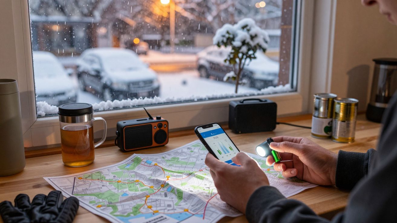 Persona revisa mapas y móvil con linterna en ventana nevada; en la mesa, radio, té y guantes. Afuera, coches nevados.
