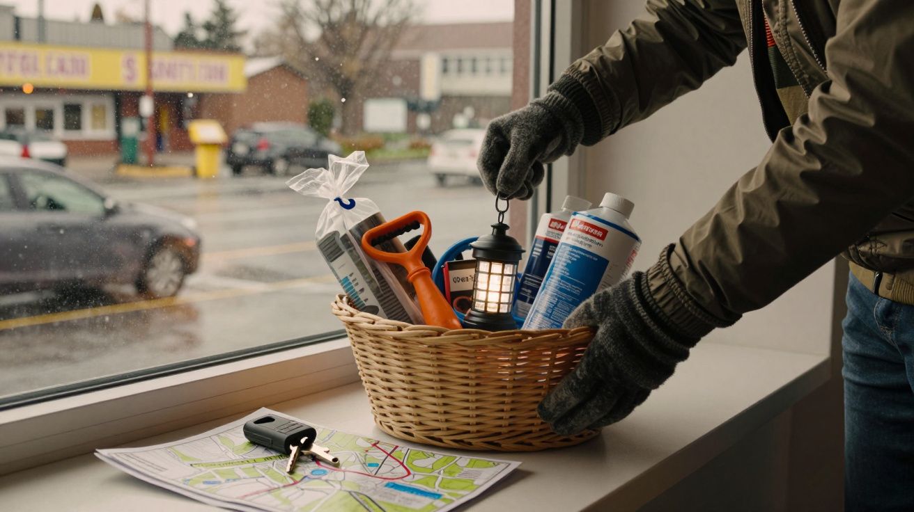 Persona con guantes coloca linterna en cesta con suministros junto a ventana. Mapa y llaves del coche sobre el alféizar.