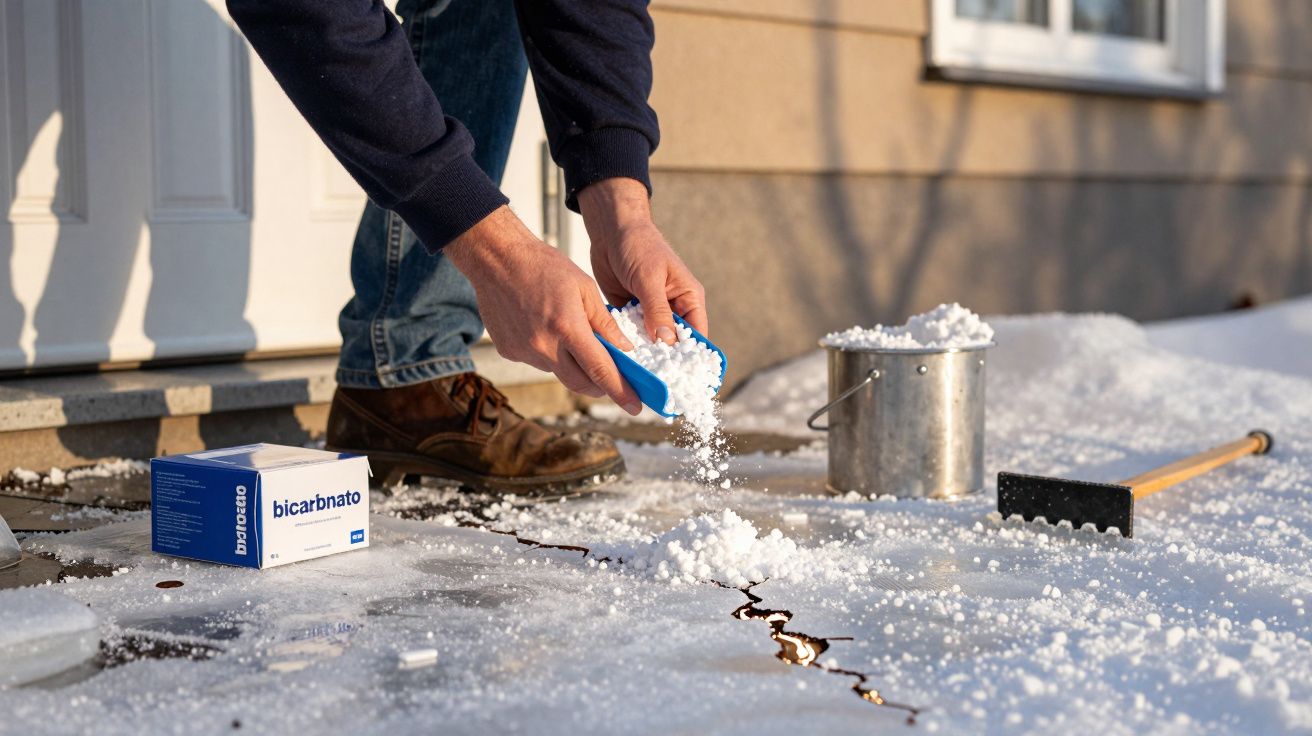 Persona esparciendo bicarbonato sobre hielo en la entrada de una casa, junto a un balde y una escoba.