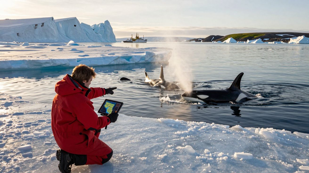 Persona con chaqueta roja observa orcas desde un iceberg, fondo con barco y hielo, cielo despejado.