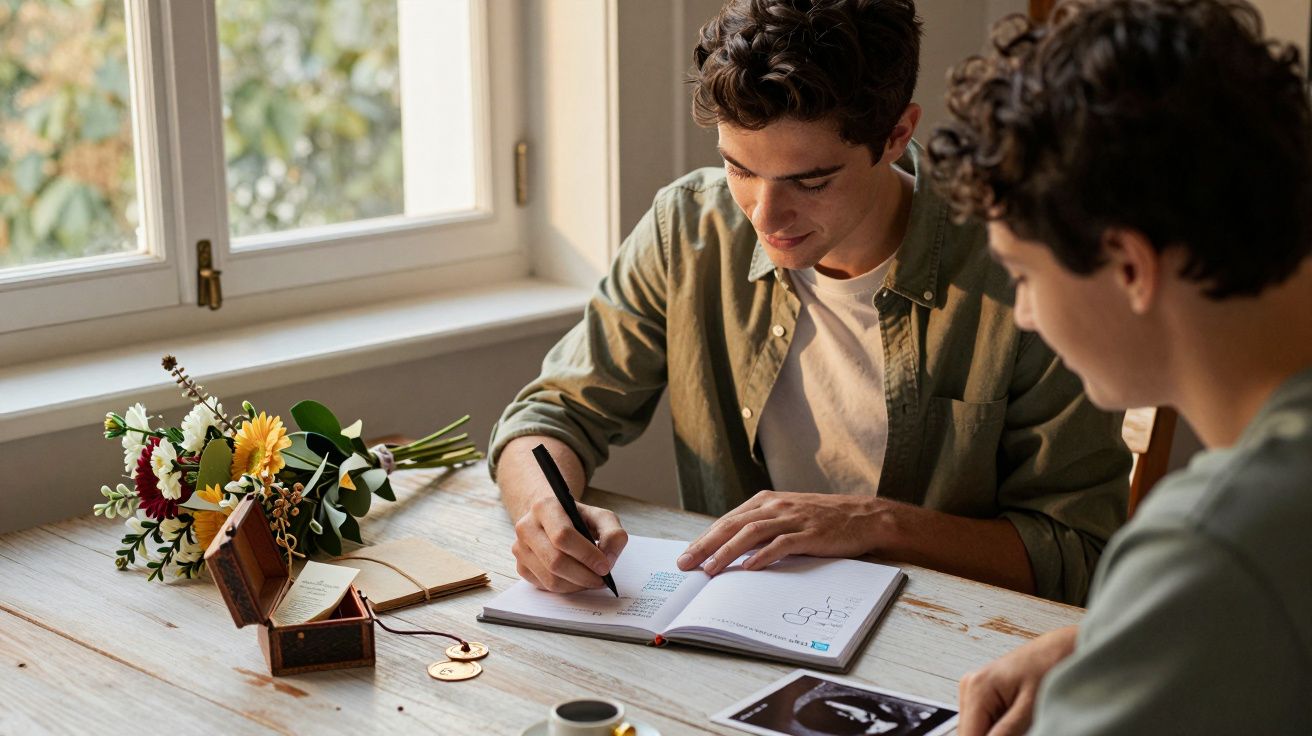 Dos personas sentadas en una mesa escribiendo en un cuaderno, con flores y una ventana al fondo.