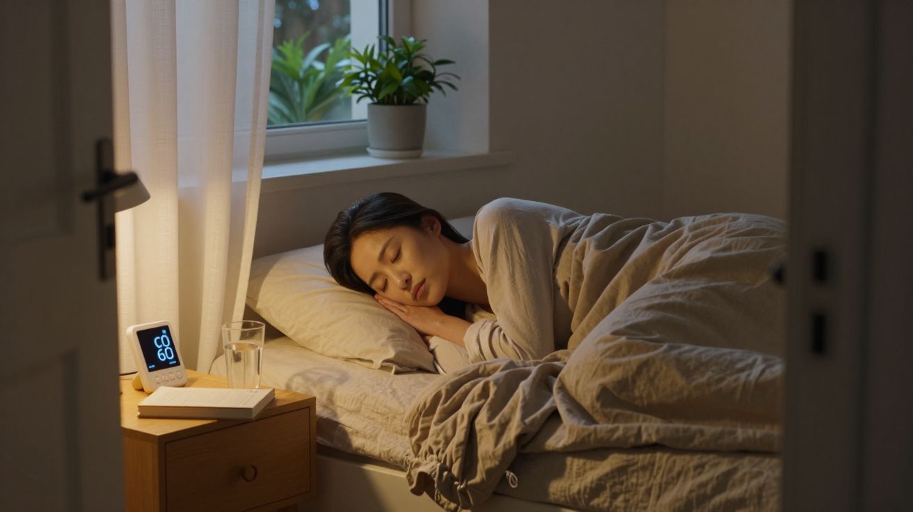 Mujer durmiendo en cama, junto a una ventana con luz suave, despertador digital y planta en mesilla de noche.