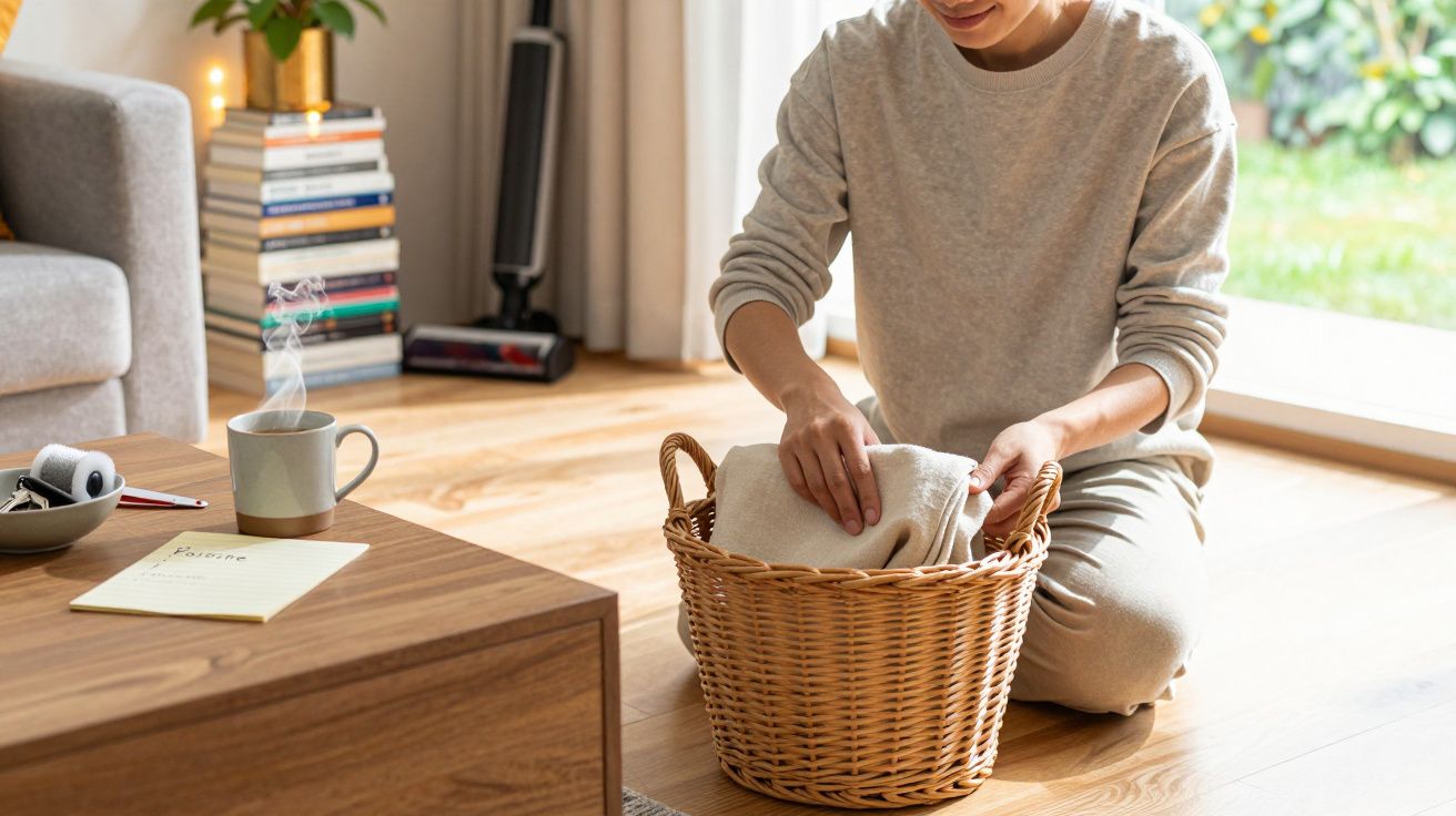Persona colocando ropa doblada en una cesta de mimbre en una sala de estar, junto a una mesa con café y cuaderno.