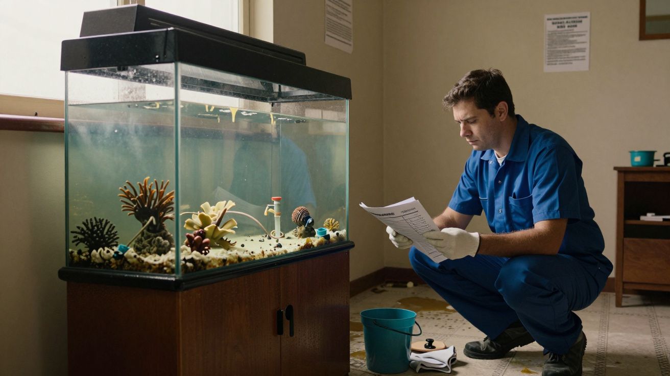Hombre en uniforme azul revisa documentos junto a un acuario en una habitación iluminada.