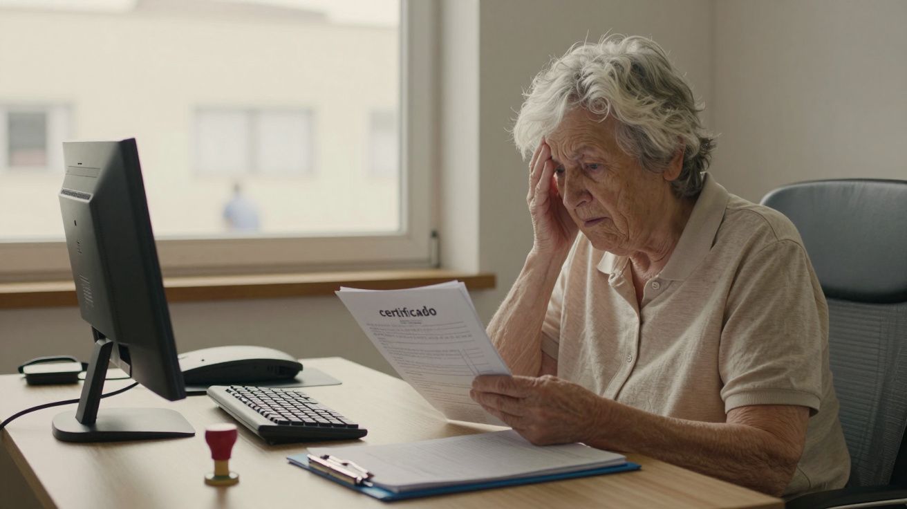 Persona mayor preocupada leyendo un documento en un escritorio con ordenador.