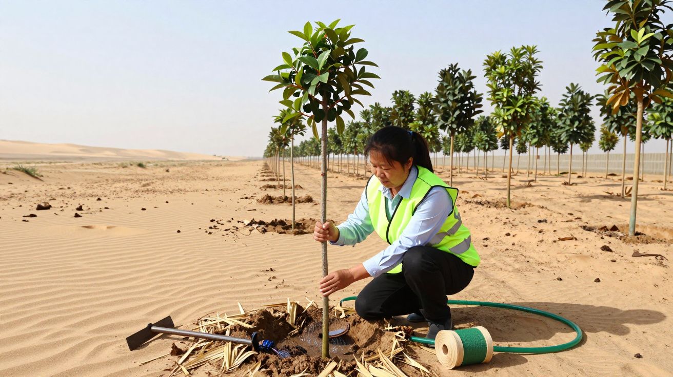 Persona plantando un árbol joven en un desierto, con filas de árboles al fondo y herramientas de jardinería cercanas.