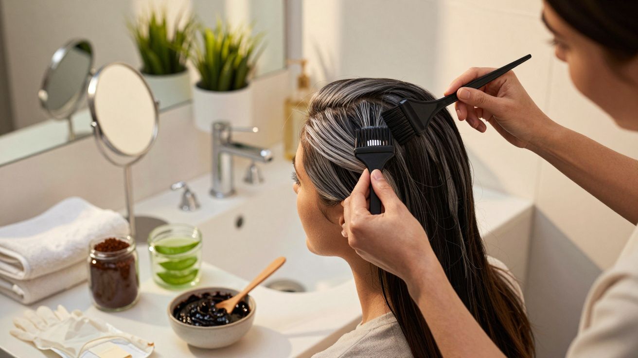 Mujer aplicando tinte en el cabello de otra mujer en un baño moderno con productos de belleza y plantas.