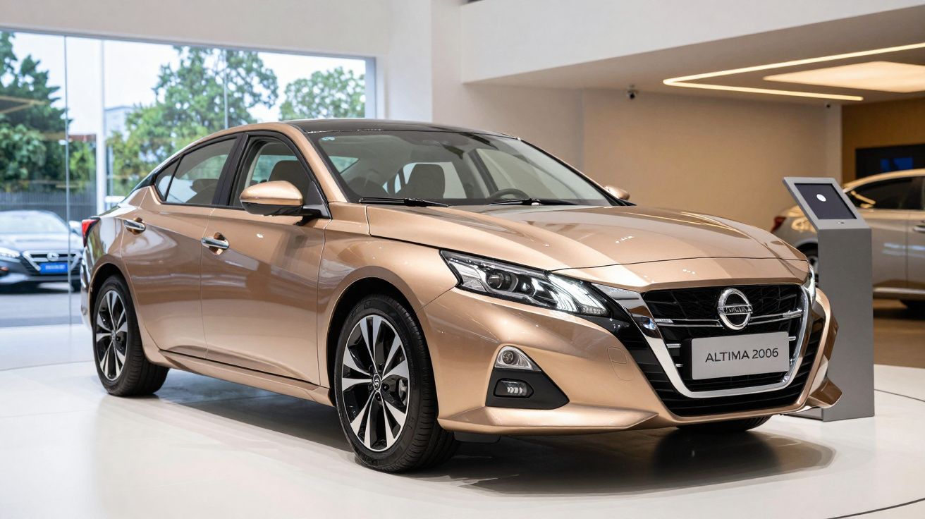 Coche Nissan Altima dorado en exhibición en concesionario moderno con ambiente iluminado y ventana panorámica.