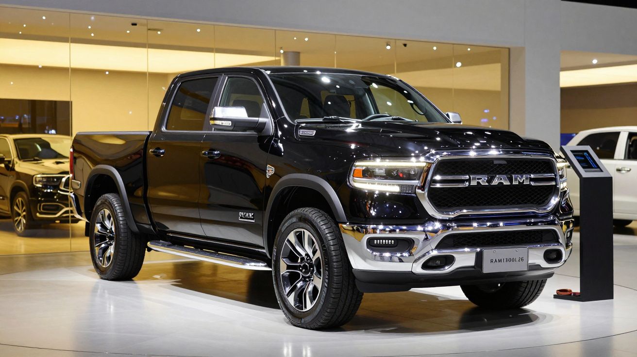 Camioneta negra RAM 1500 en una exhibición de autos.