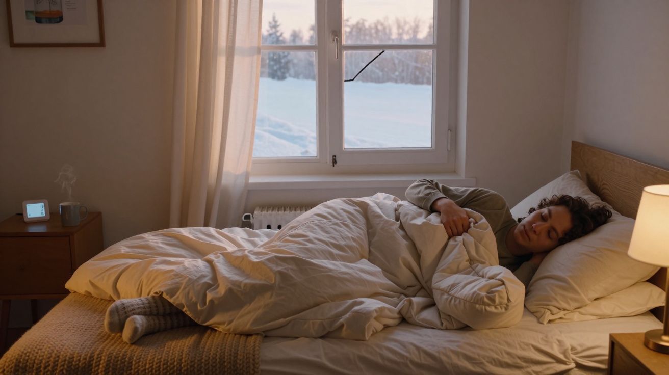 Persona durmiendo en una cama, arropada con edredón blanco, junto a ventana con nieve en el exterior y luz de lámpara de mesa