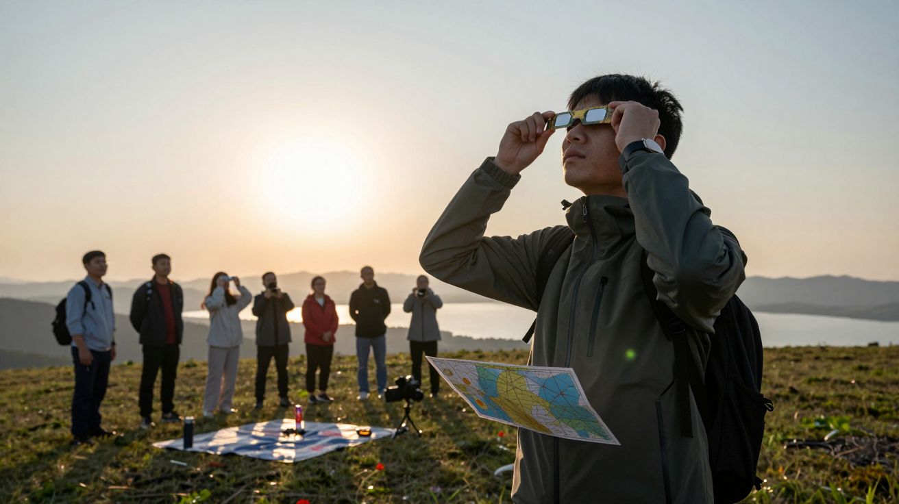 Hombre observa el cielo con gafas especiales y sostiene un mapa, al fondo personas contemplan el amanecer en una colina.