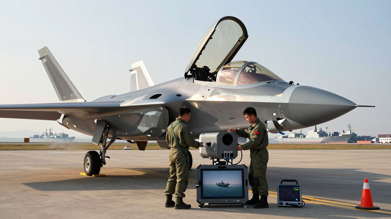 Dos pilotos revisan equipo frente a un caza moderno en una pista de aterrizaje.