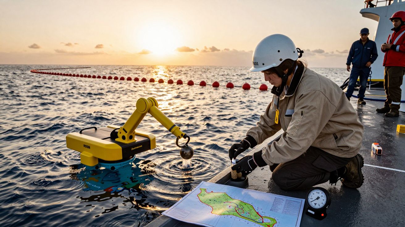 Investigador en el mar manipula un dispositivo junto a un mapa, al atardecer, con boya roja marcando una línea en el agua.