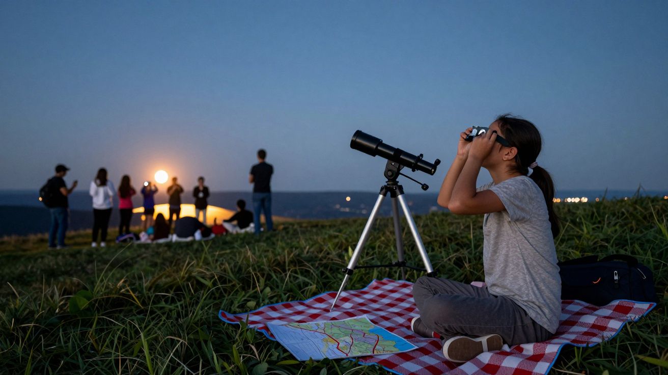 Niña sentada en un picnic mirando por binoculares, telescopio al lado, grupo de personas observa el atardecer en la distancia