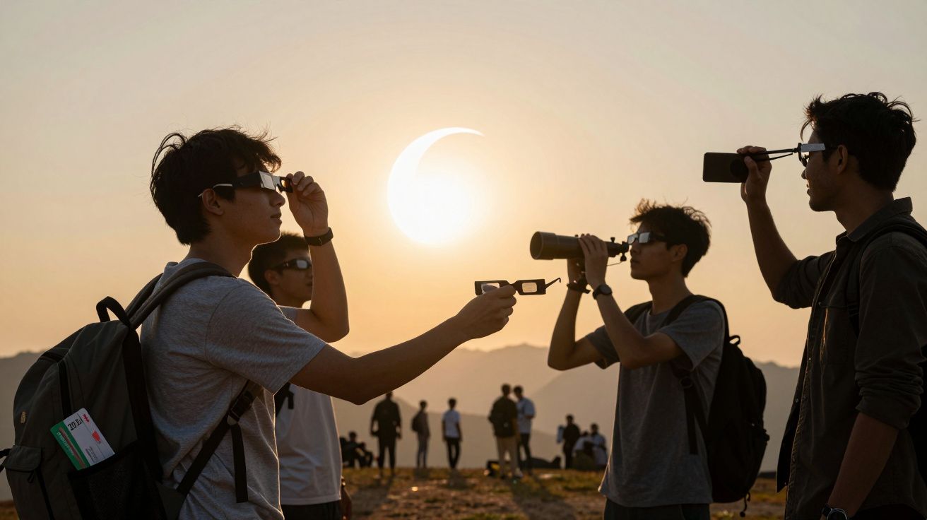 Personas observando un eclipse solar al atardecer, usando gafas y cámaras, en un paisaje montañoso.
