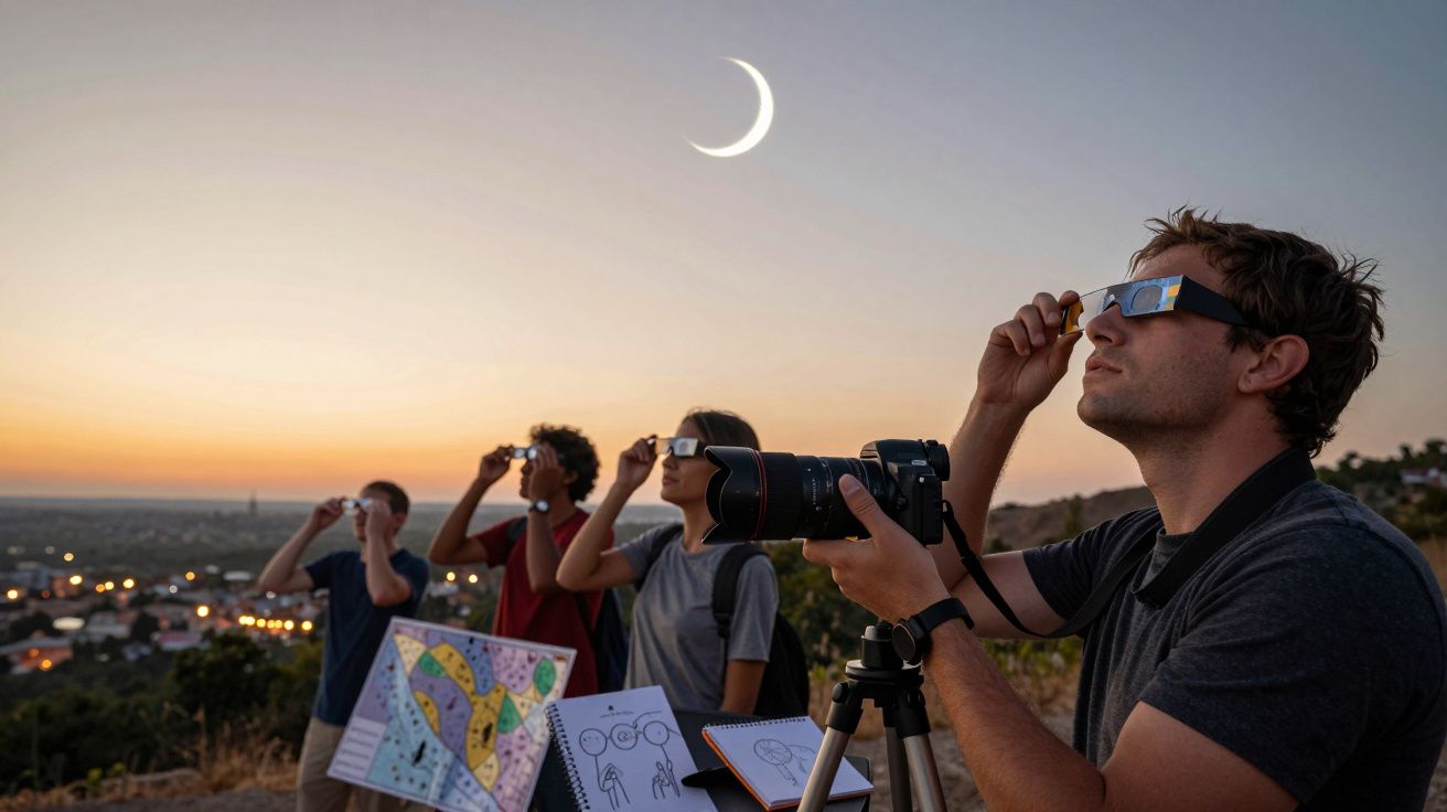 Personas observando el eclipse solar con gafas especiales al atardecer, con una cámara y cuadernos delante.