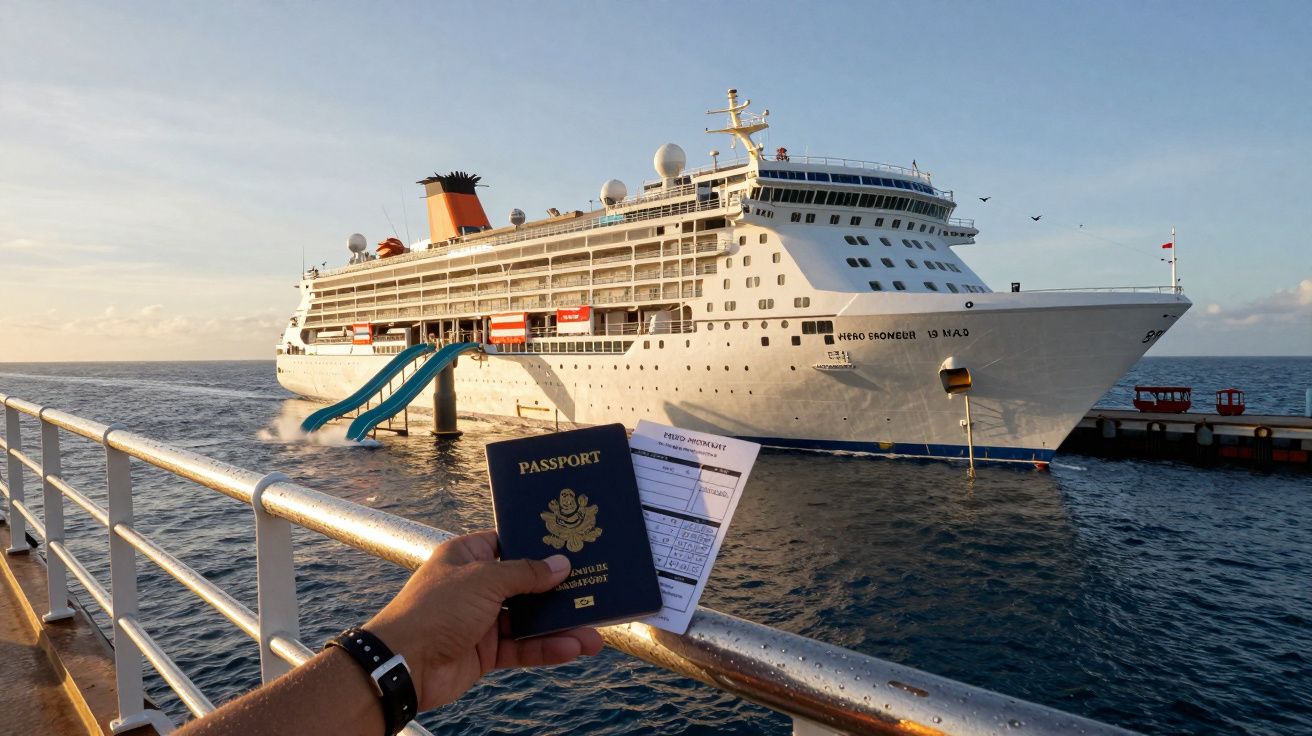 Un crucero atracado en el puerto con una mano sosteniendo un pasaporte y un billete en primer plano.