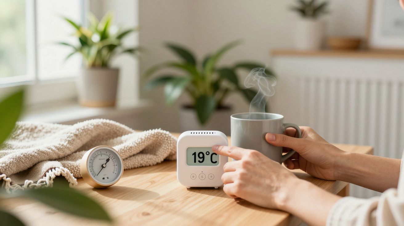Mano ajustando termostato digital a 19°C mientras sostiene taza humeante en mesa con reloj y plantas de fondo.